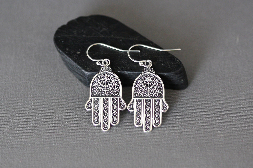 Large Bali Silver Hamsa Hand Dangle Earrings