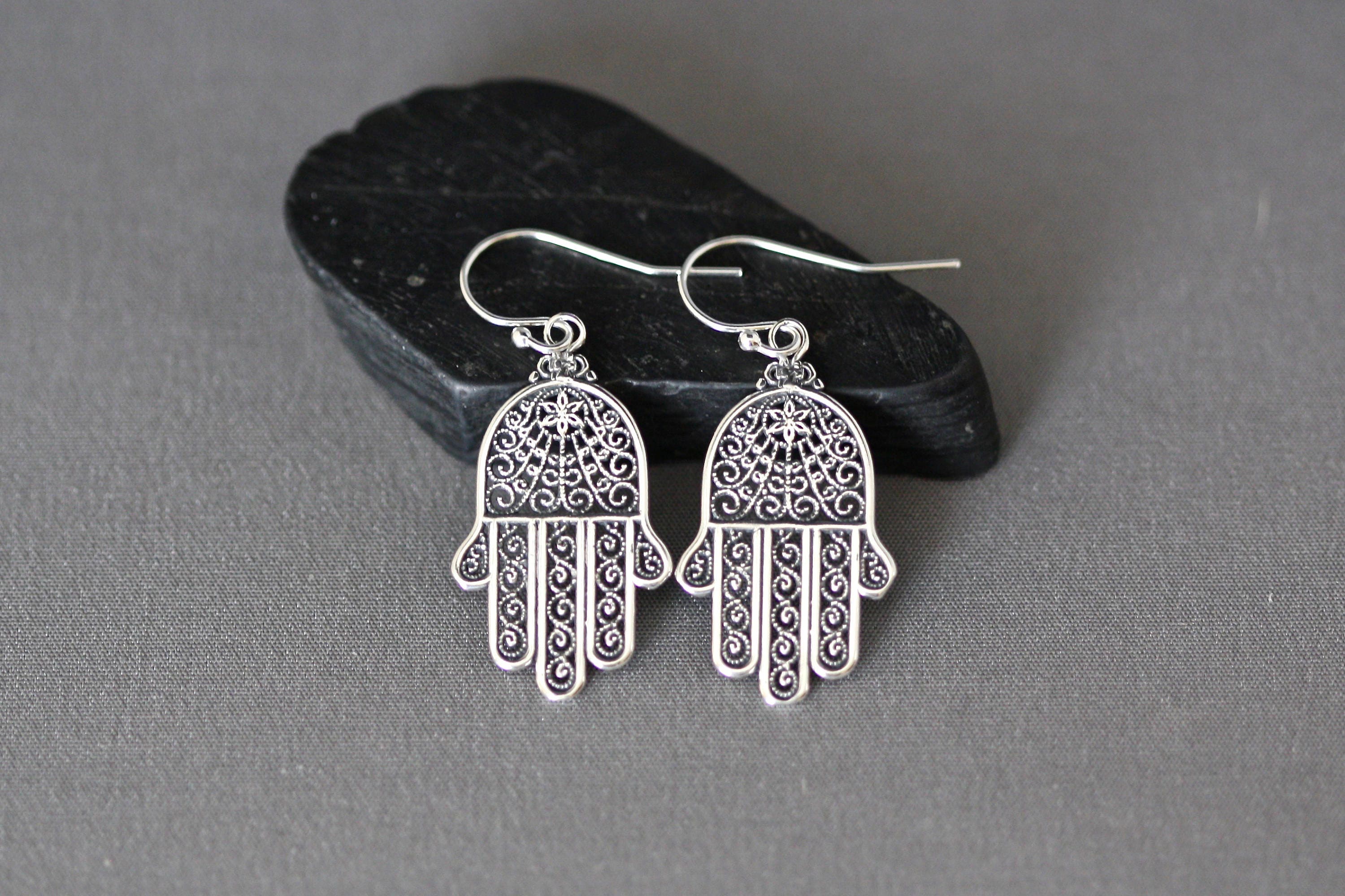 Large Bali Silver Hamsa Hand Dangle Earrings