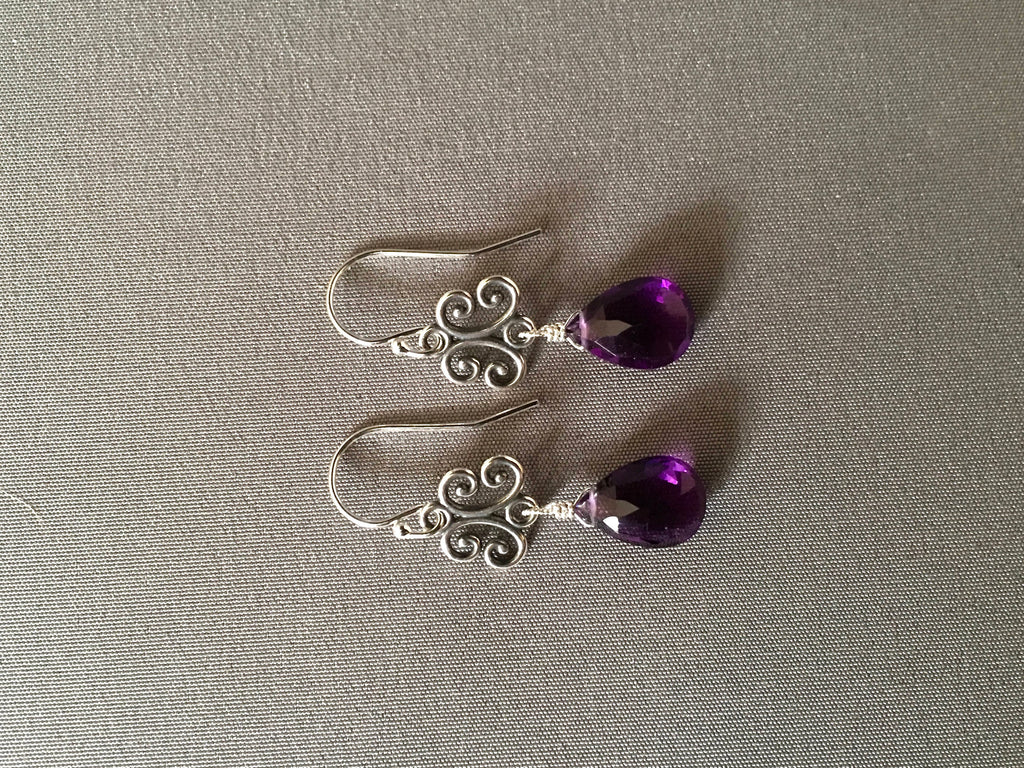 Amethyst Quartz Teardrop Earrings on Bali Sterling Silver Scroll Links