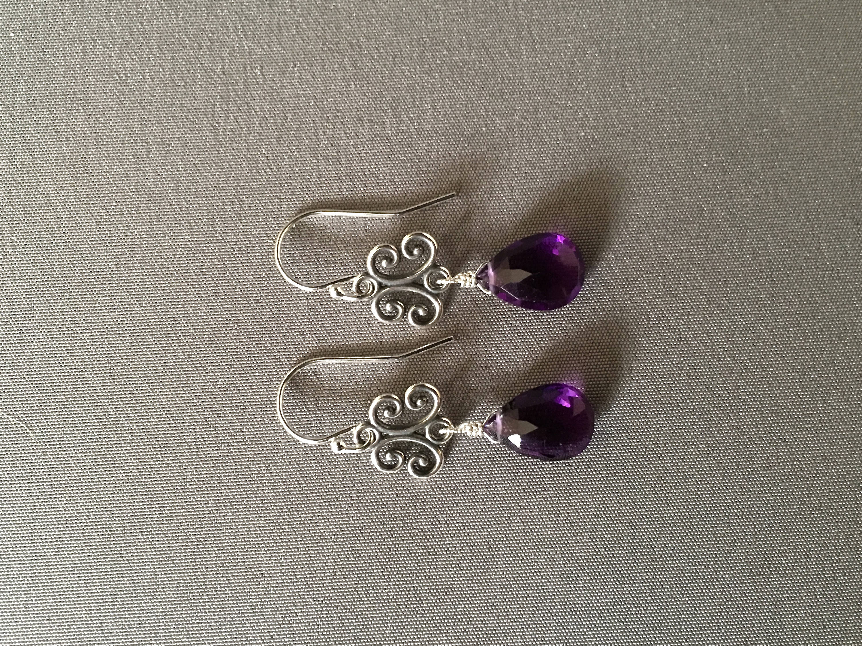 Amethyst Quartz Teardrop Earrings on Bali Sterling Silver Scroll Links