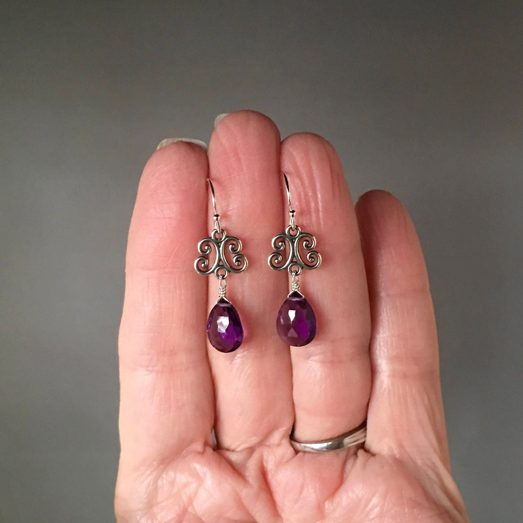 Amethyst Quartz Teardrop Earrings on Bali Sterling Silver Scroll Links