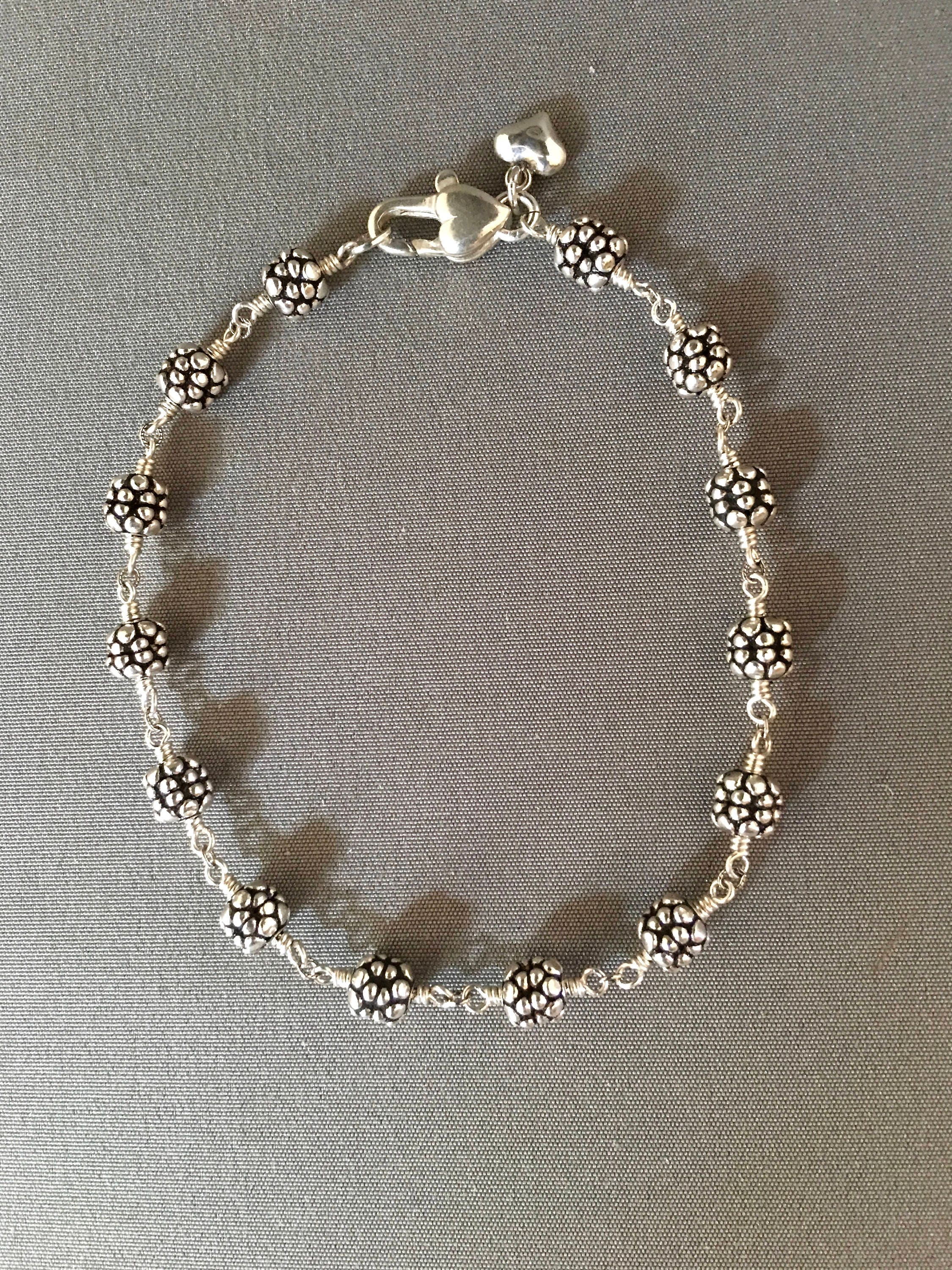 Bali Sterling Silver Beaded Bracelet with Heart Lobster Clasp