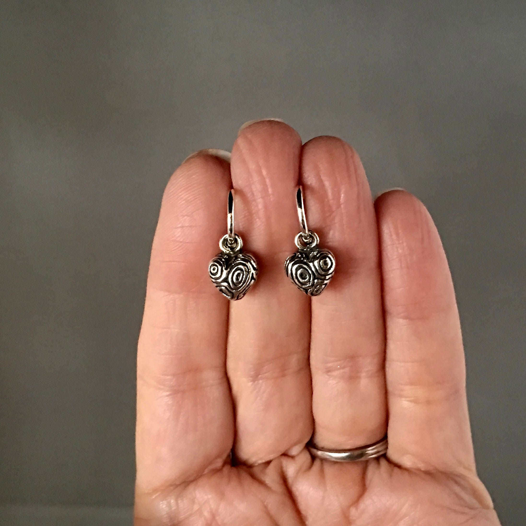 Bali Sterling Silver Heart Charm Earrings with Carved Detail on Post Hoops