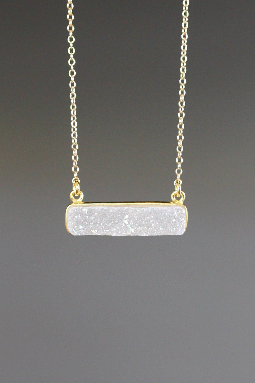 White Rainbow Druzy Quartz Bar Pendant Necklace in Gold Vermeil