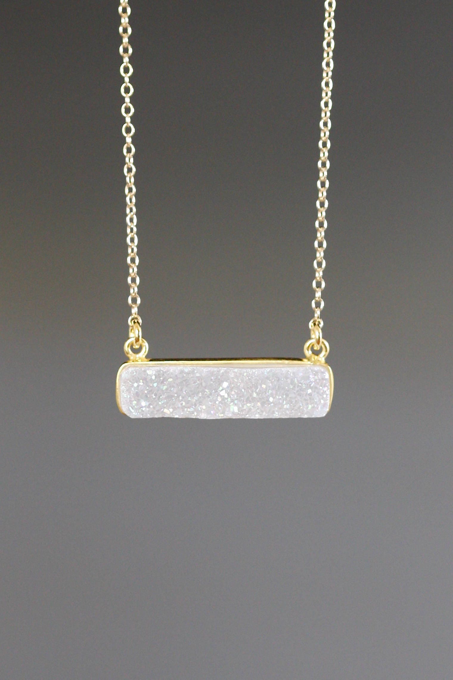 White Rainbow Druzy Quartz Bar Pendant Necklace in Gold Vermeil