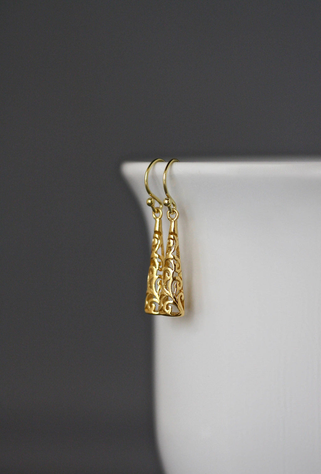 Gold Vermeil Long Filigree Drop Dangle Earrings