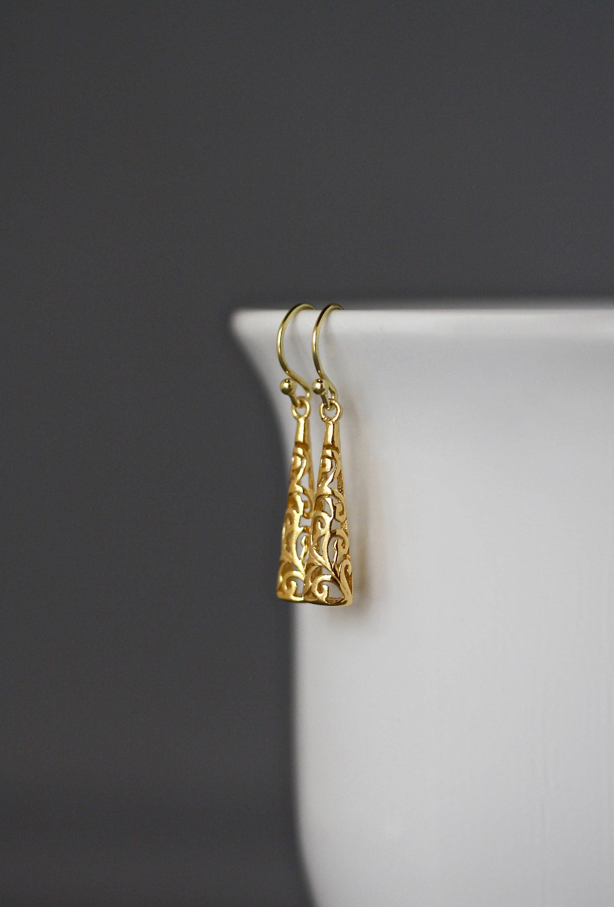 Gold Vermeil Long Filigree Drop Dangle Earrings