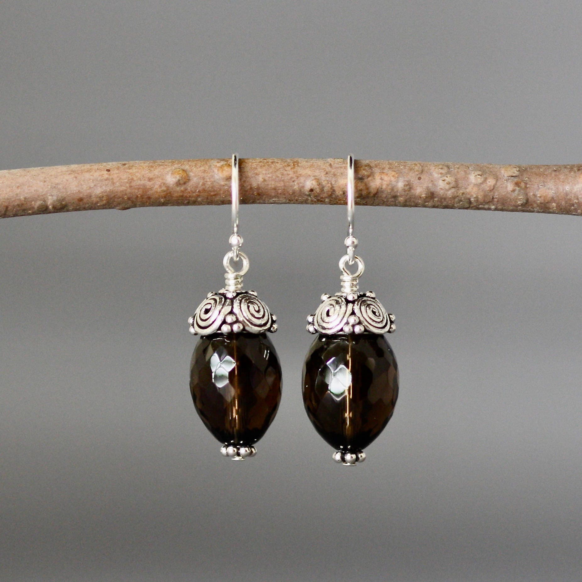 Smokey Quartz Barrel Dangle Earrings with Bali Sterling Silver Caps