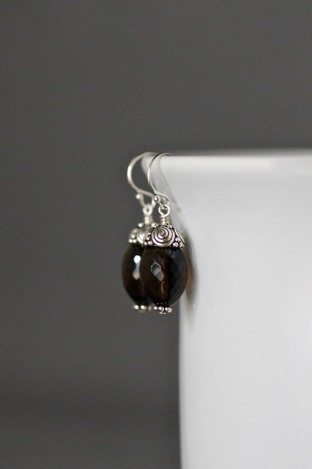 Smokey Quartz Barrel Dangle Earrings with Bali Sterling Silver Caps