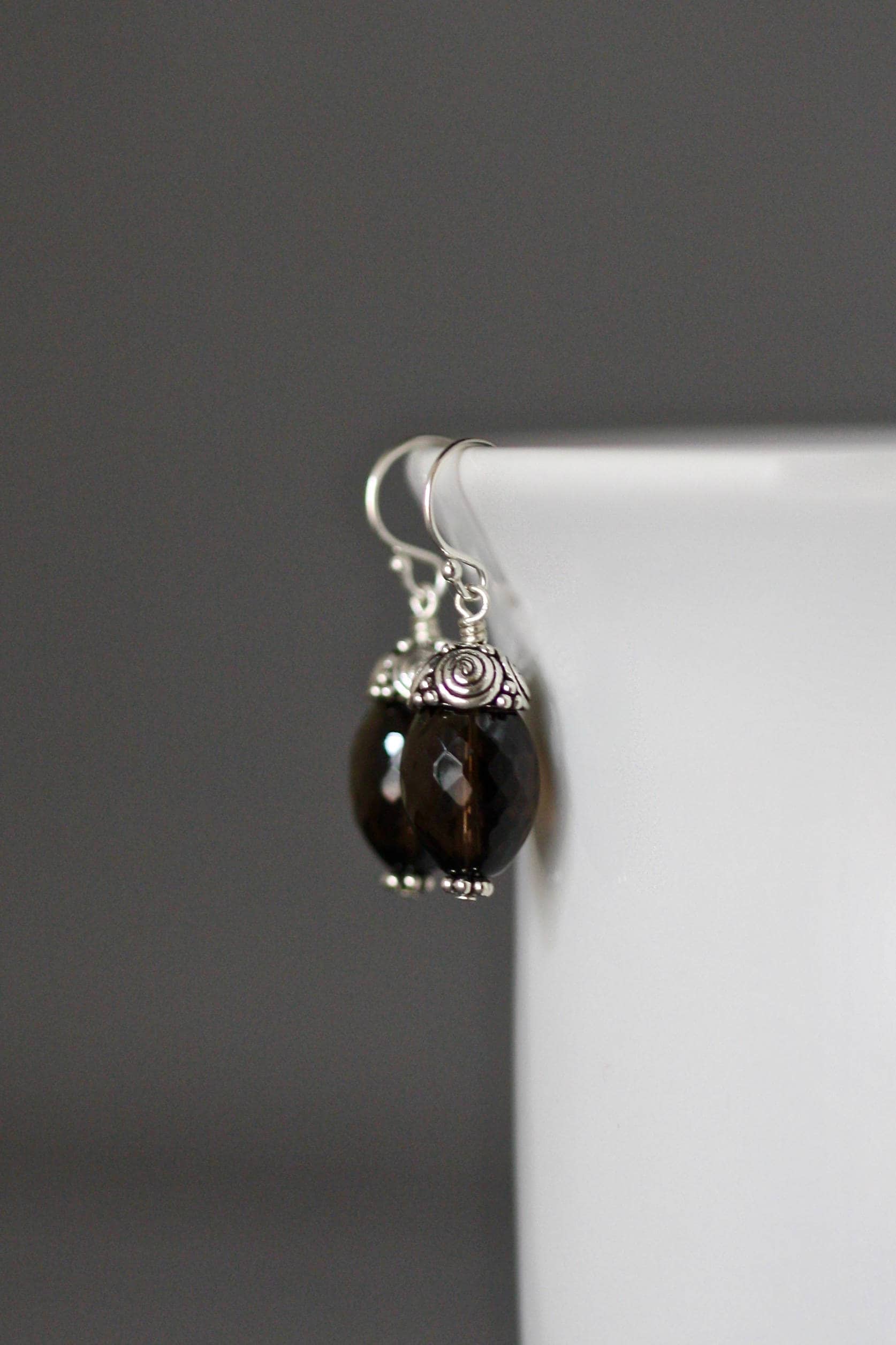 Smokey Quartz Barrel Dangle Earrings with Bali Sterling Silver Caps