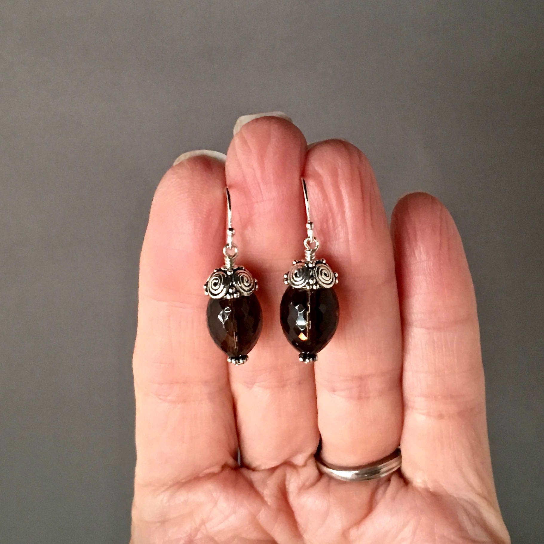 Smokey Quartz Barrel Dangle Earrings with Bali Sterling Silver Caps