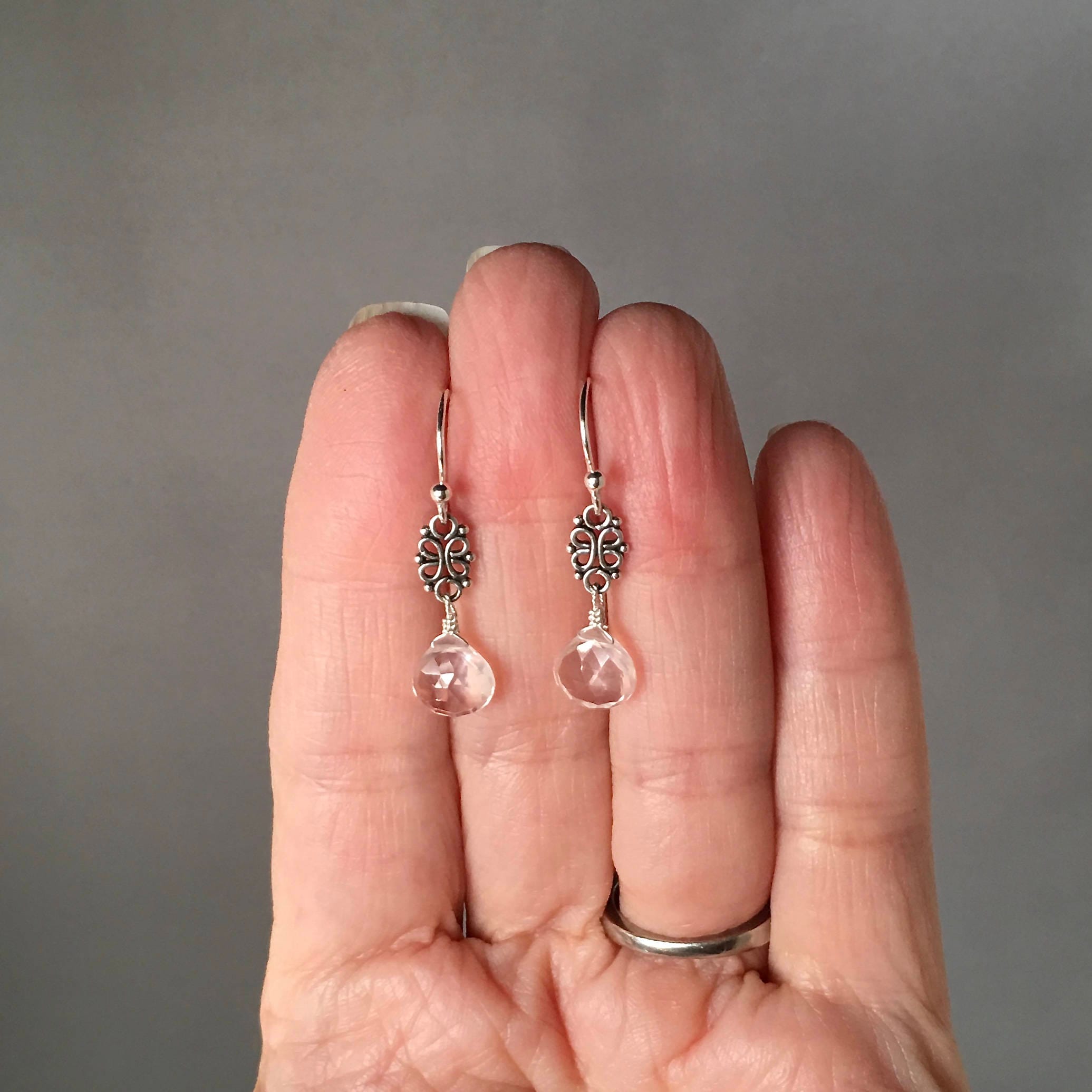 Rose Quartz Teardrop Earrings on Bali Sterling Silver Links