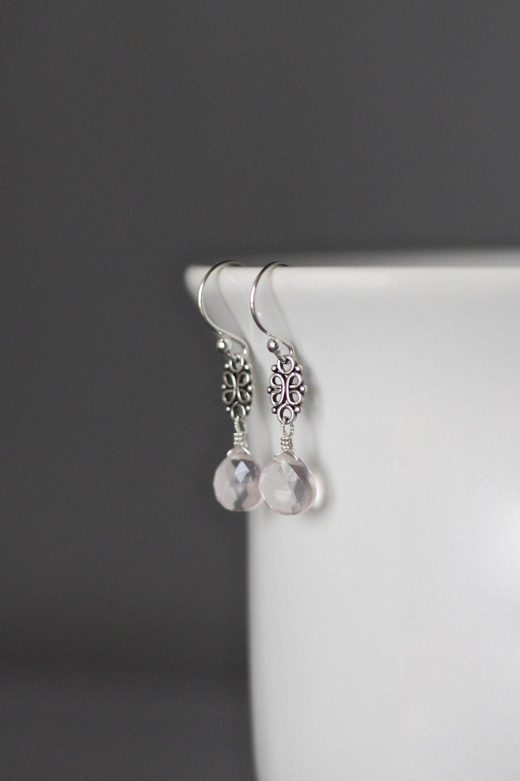 Rose Quartz Teardrop Earrings on Bali Sterling Silver Links