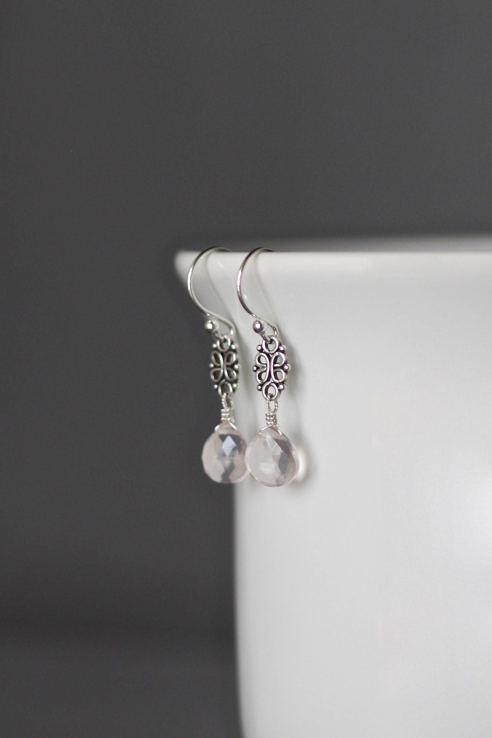 Rose Quartz Teardrop Earrings on Bali Sterling Silver Links