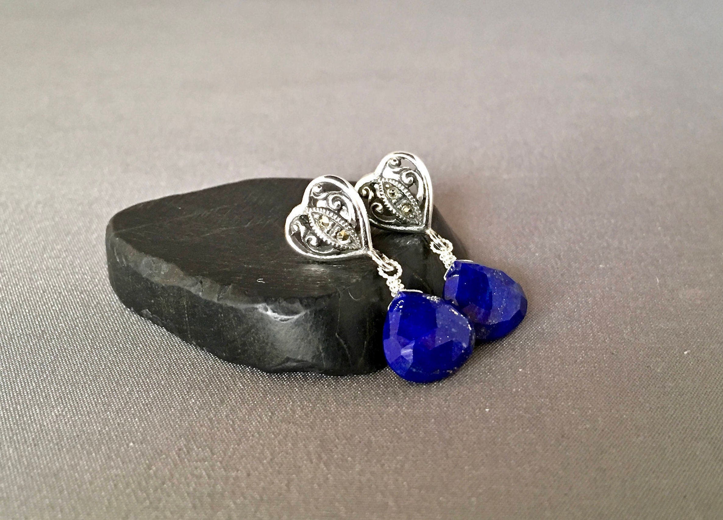 Lapis Lazuli Teardrop Earrings on Bali Sterling Silver Marcasite Heart Posts