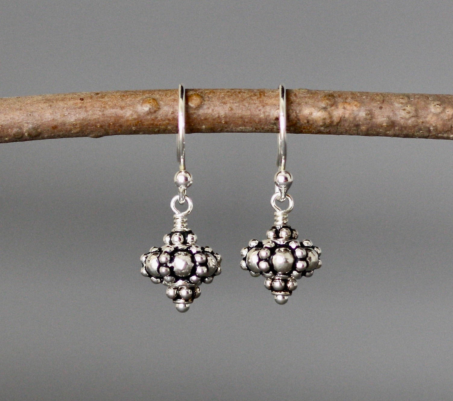 Petite Bali Sterling Silver Bead Cluster Dangle Earrings