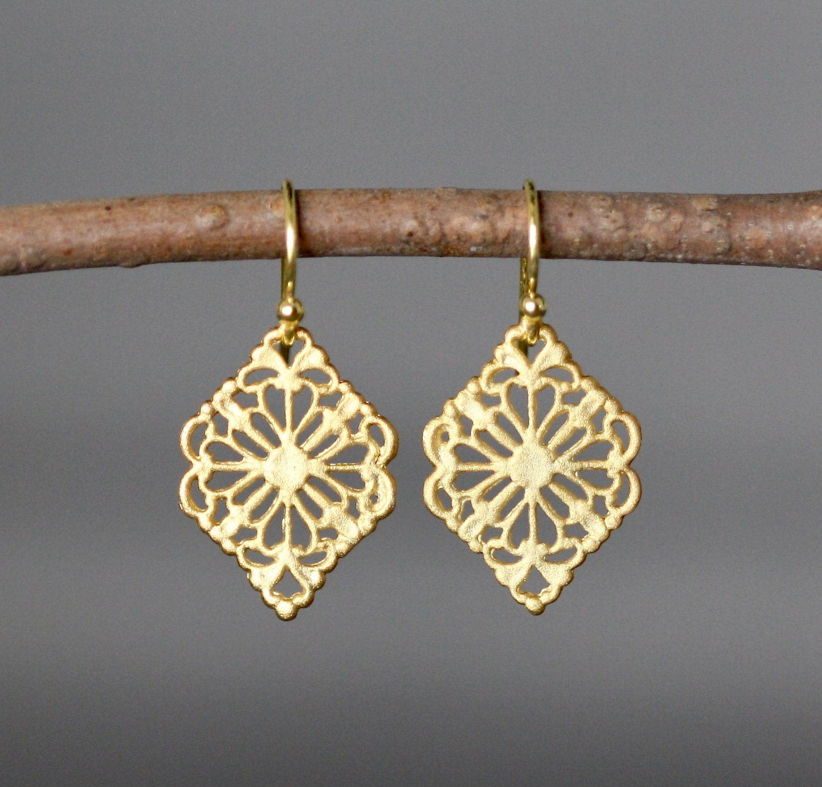 Delicate Matte Gold Vermeil Filigree Dangle Earrings