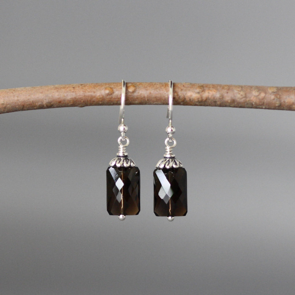Smokey Quartz Rectangle Dangle Earrings with Bali Silver Caps