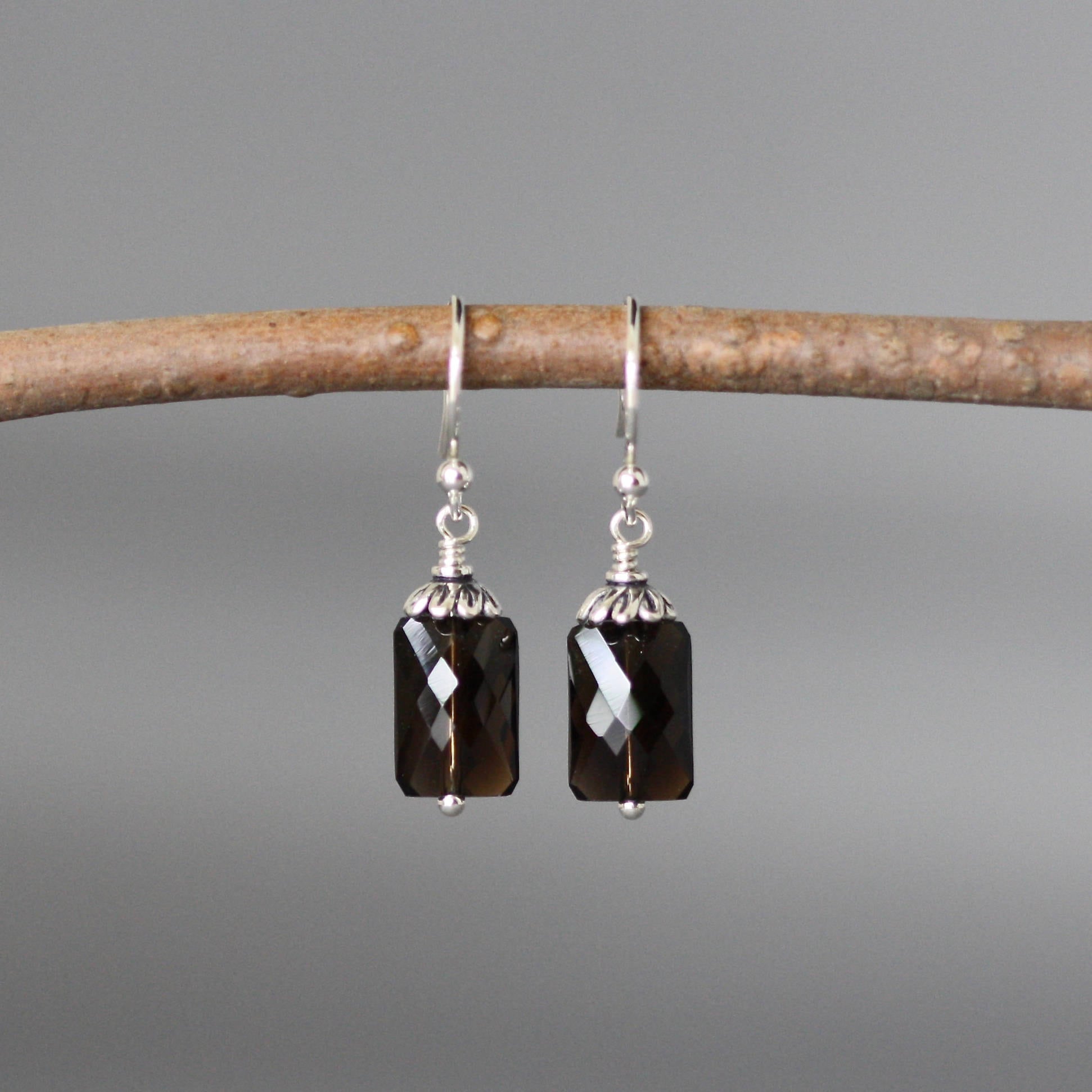 Smokey Quartz Rectangle Dangle Earrings with Bali Silver Caps