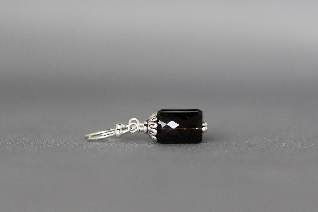 Smokey Quartz Rectangle Dangle Earrings with Bali Silver Caps