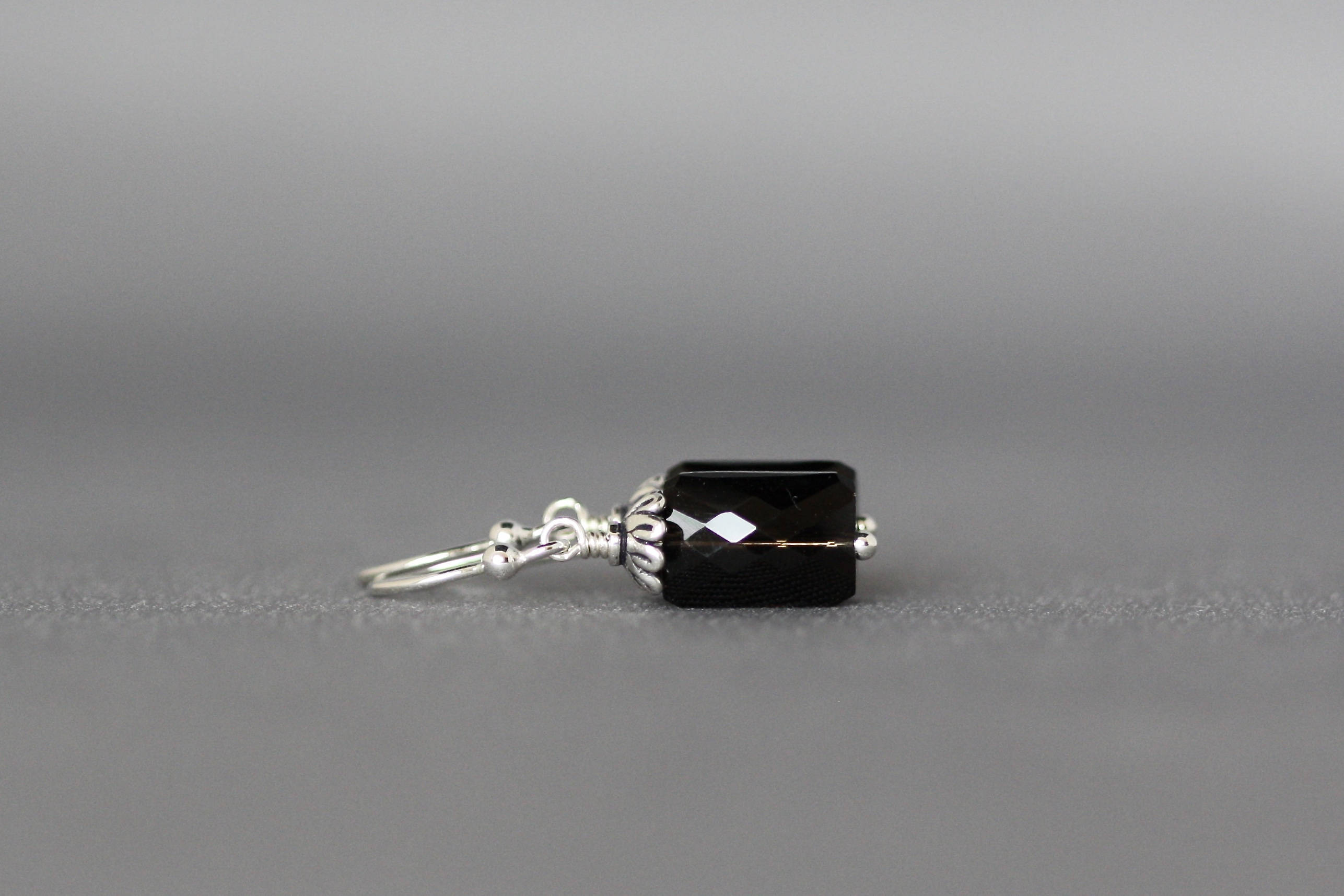 Smokey Quartz Rectangle Dangle Earrings with Bali Silver Caps