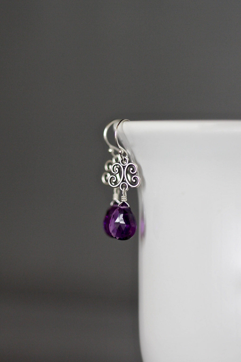 Amethyst Quartz Teardrop Earrings on Bali Sterling Silver Scroll Links
