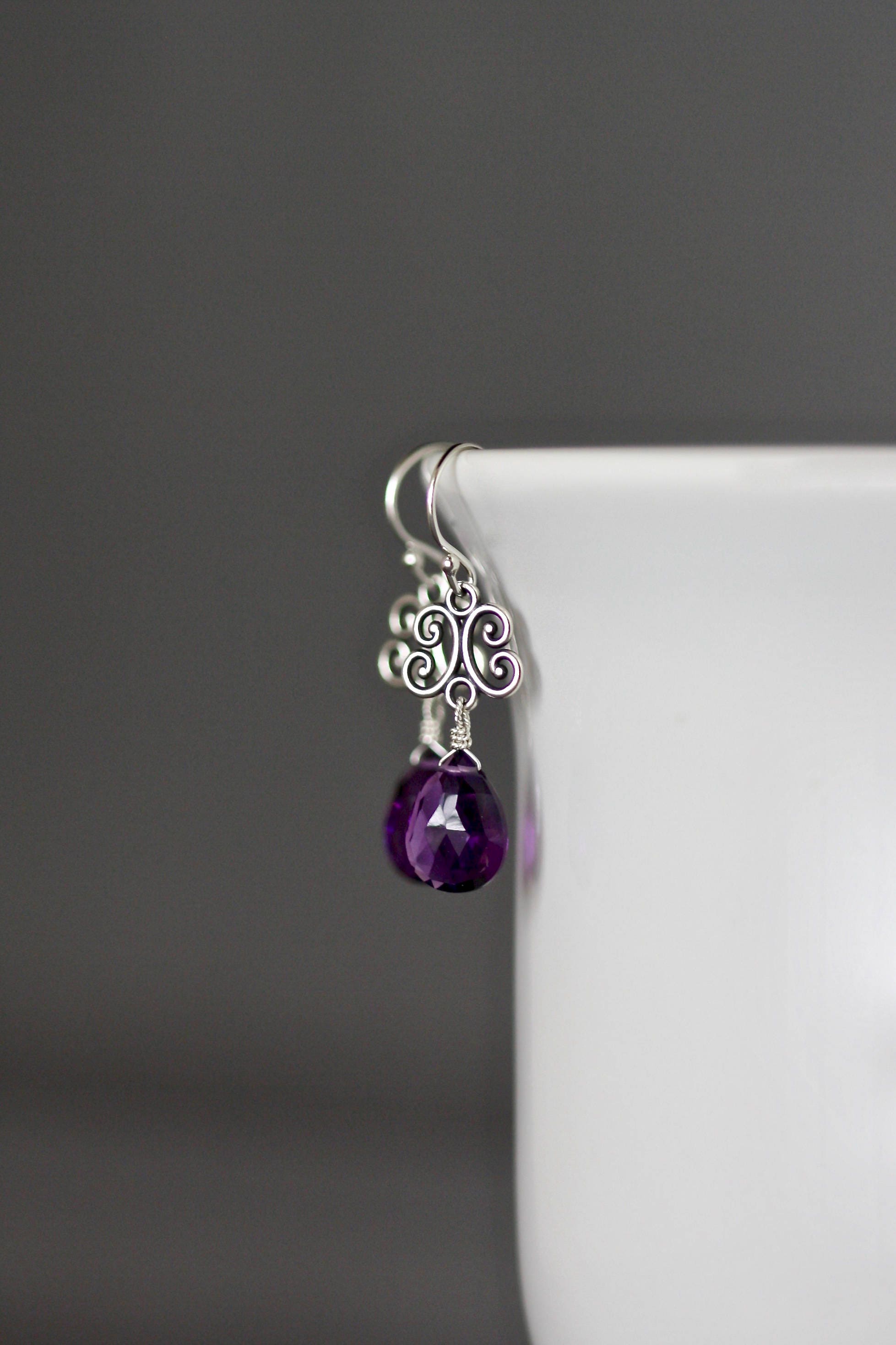 Amethyst Quartz Teardrop Earrings on Bali Sterling Silver Scroll Links