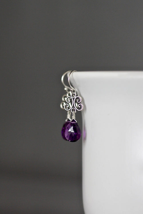 Amethyst Quartz Teardrop Earrings on Bali Sterling Silver Scroll Links