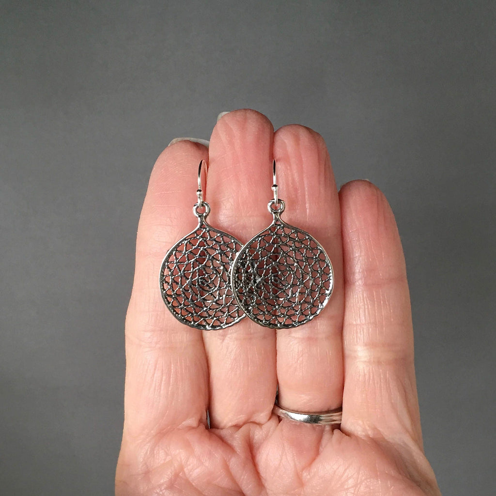 Round Bali Sterling Silver Filigree Charm Statement Dangle Earrings