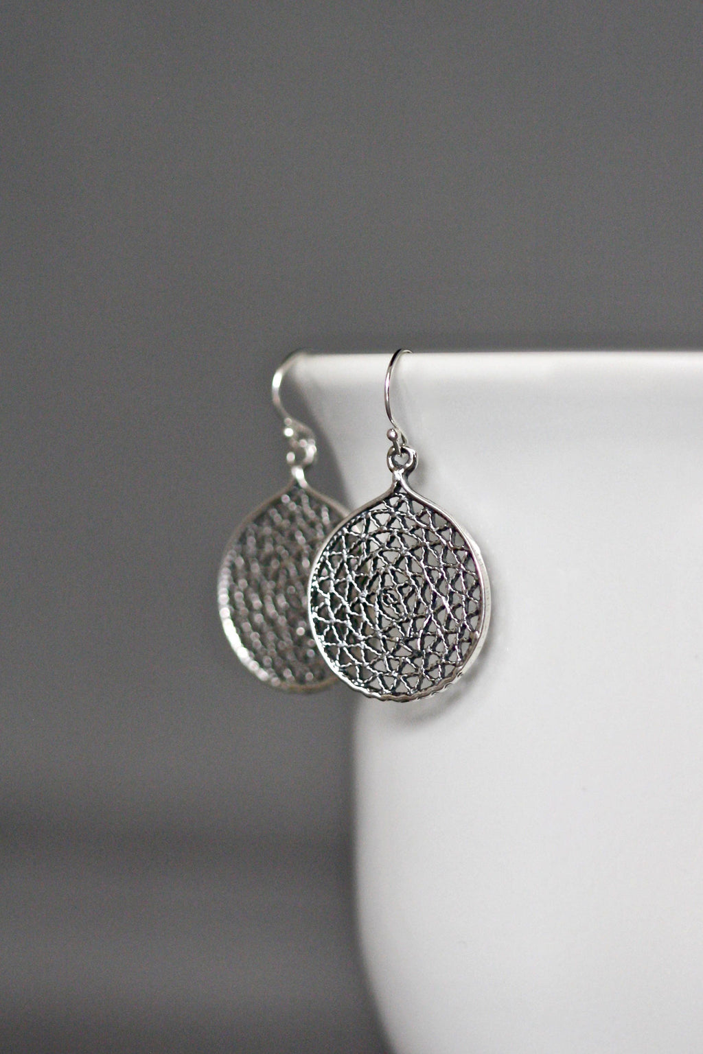 Round Bali Sterling Silver Filigree Charm Statement Dangle Earrings