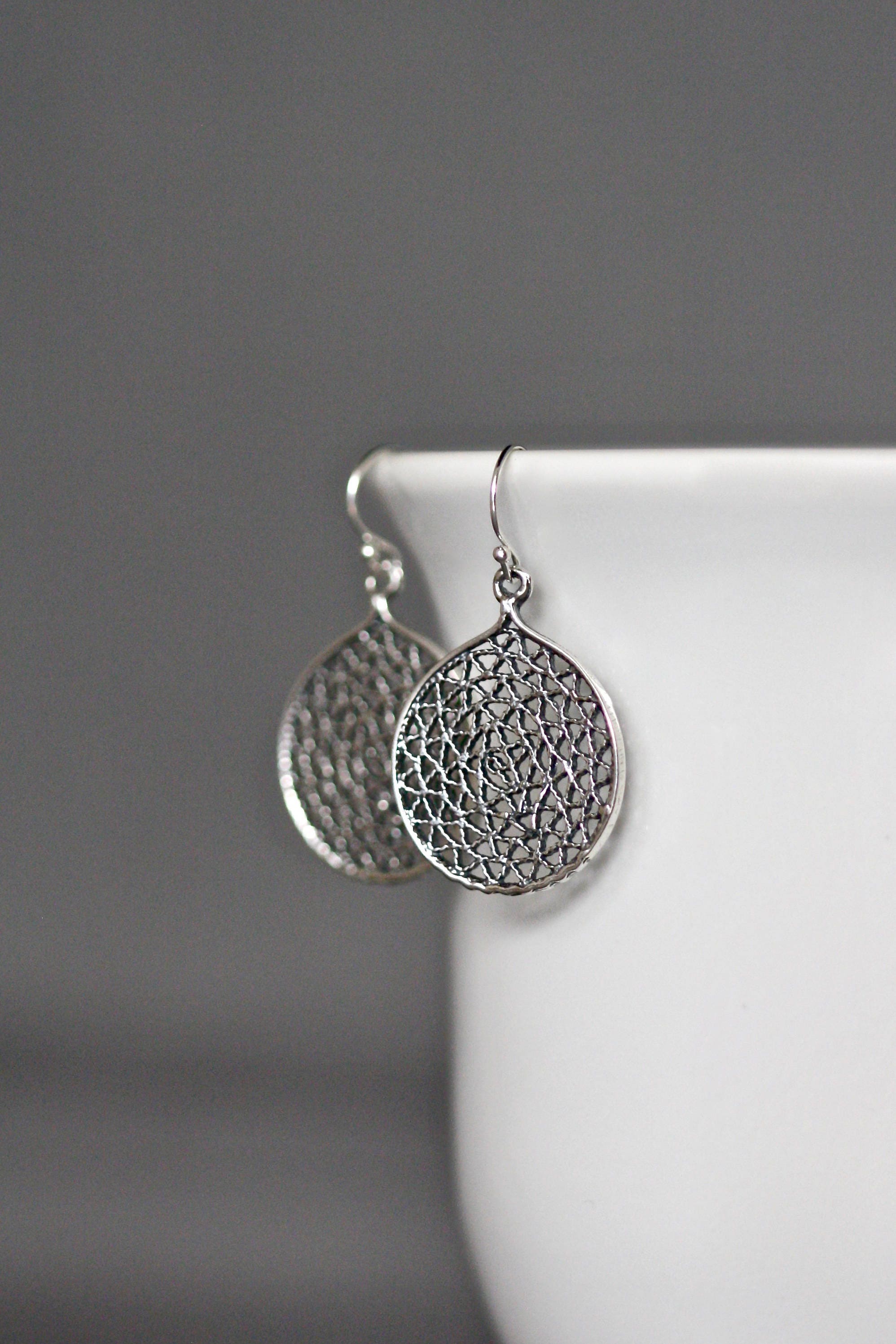 Round Bali Sterling Silver Filigree Charm Statement Dangle Earrings