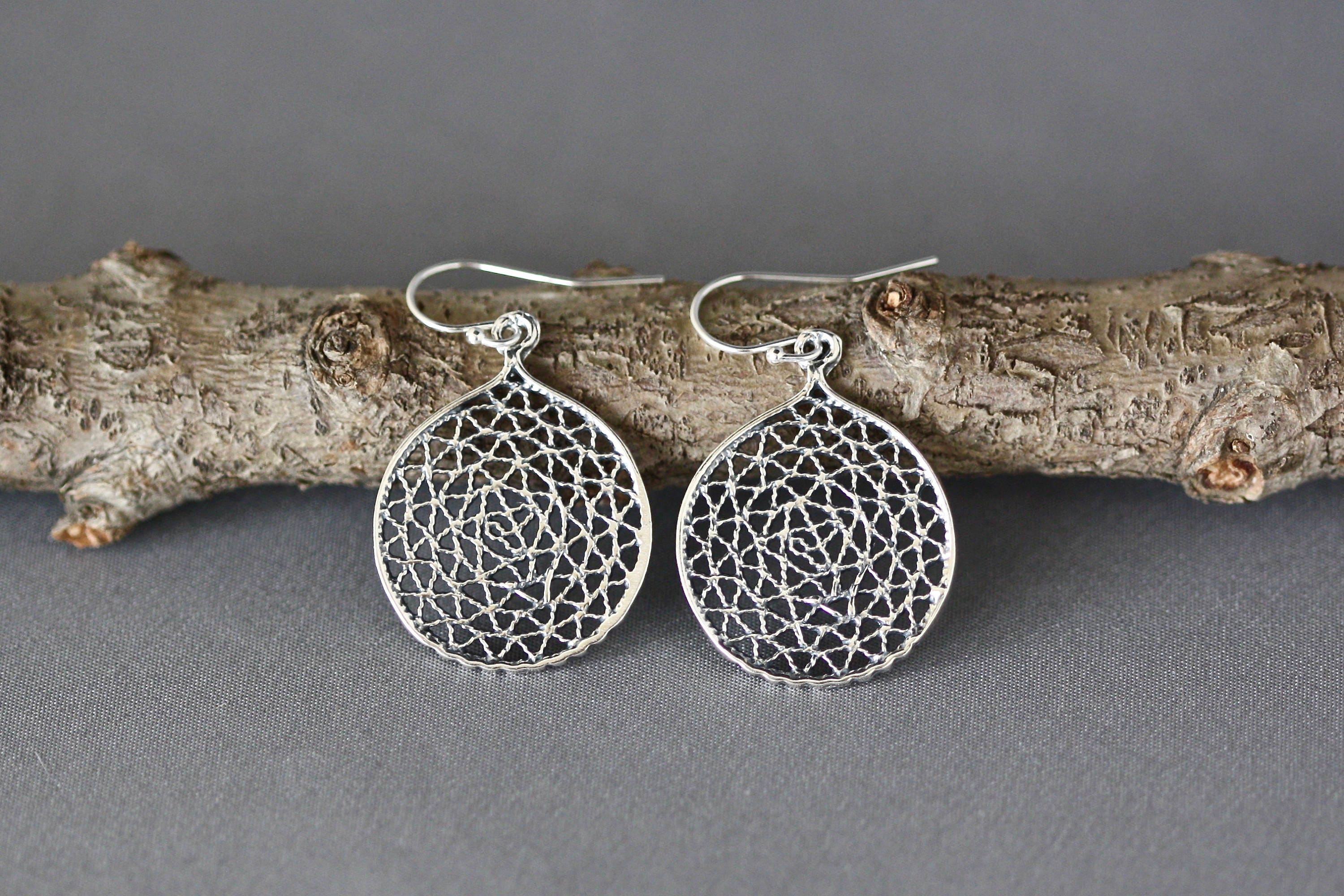 Round Bali Sterling Silver Filigree Charm Statement Dangle Earrings