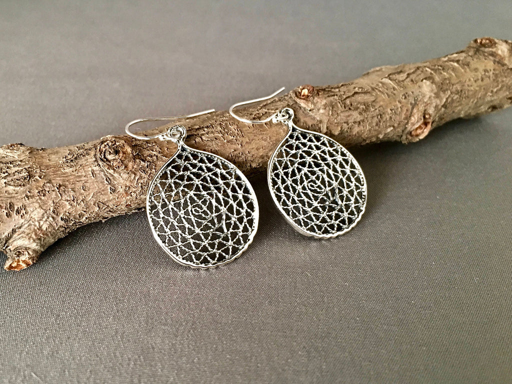 Round Bali Sterling Silver Filigree Charm Statement Dangle Earrings