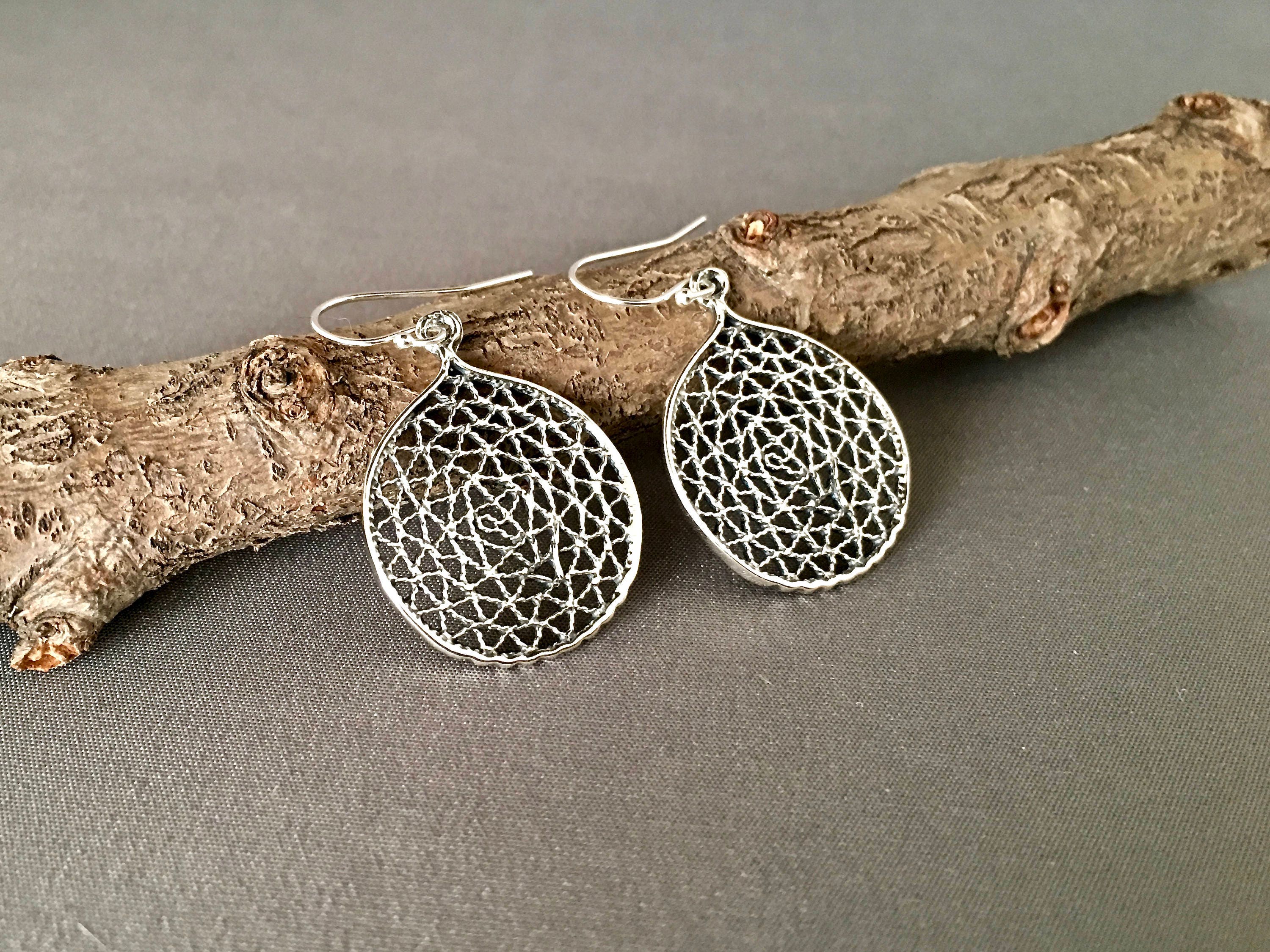 Round Bali Sterling Silver Filigree Charm Statement Dangle Earrings