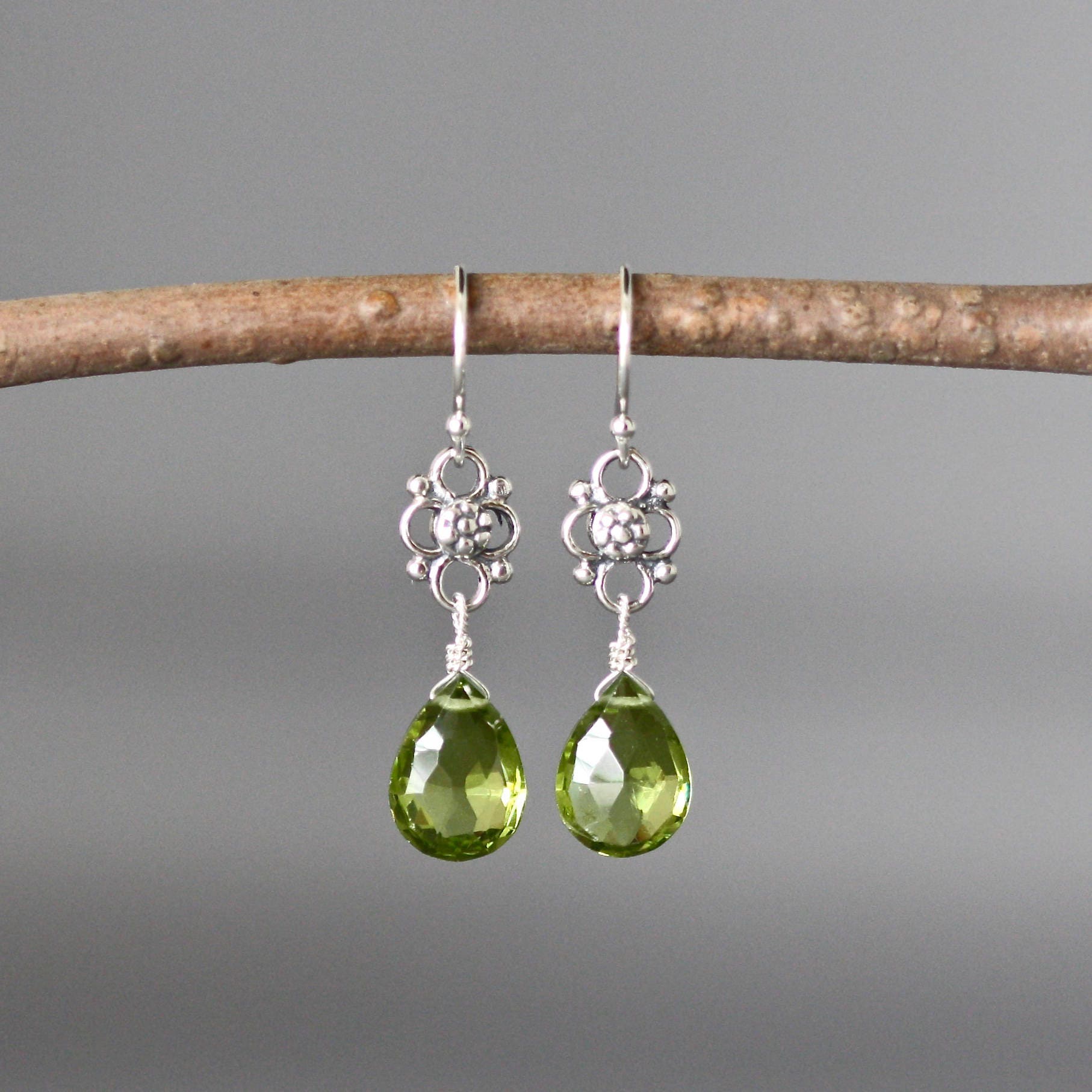 Peridot Quartz Teardrop Earrings with Bali Sterling Silver Links