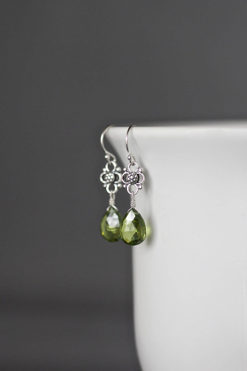 Peridot Quartz Teardrop Earrings with Bali Sterling Silver Links