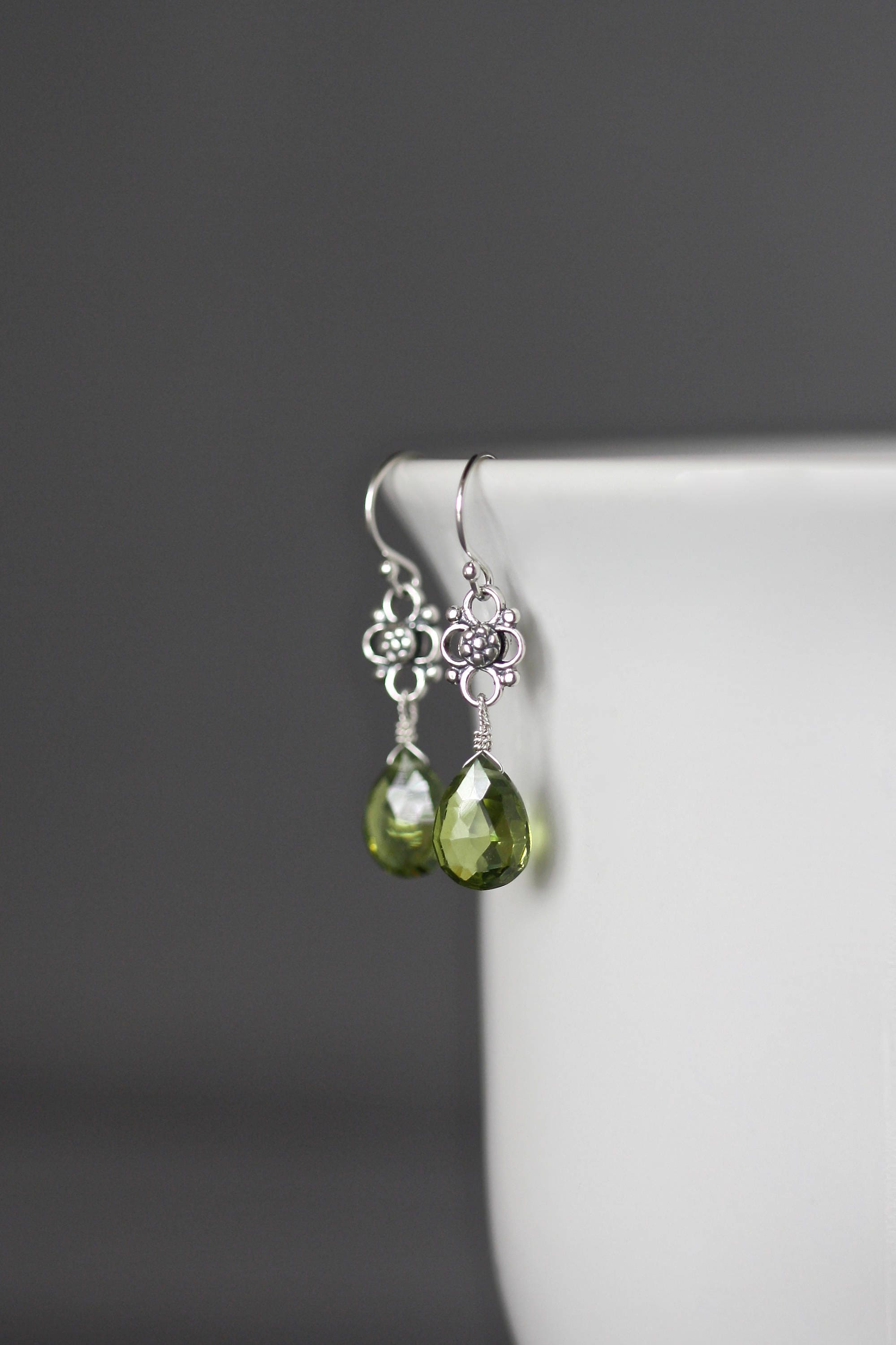 Peridot Quartz Teardrop Earrings with Bali Sterling Silver Links