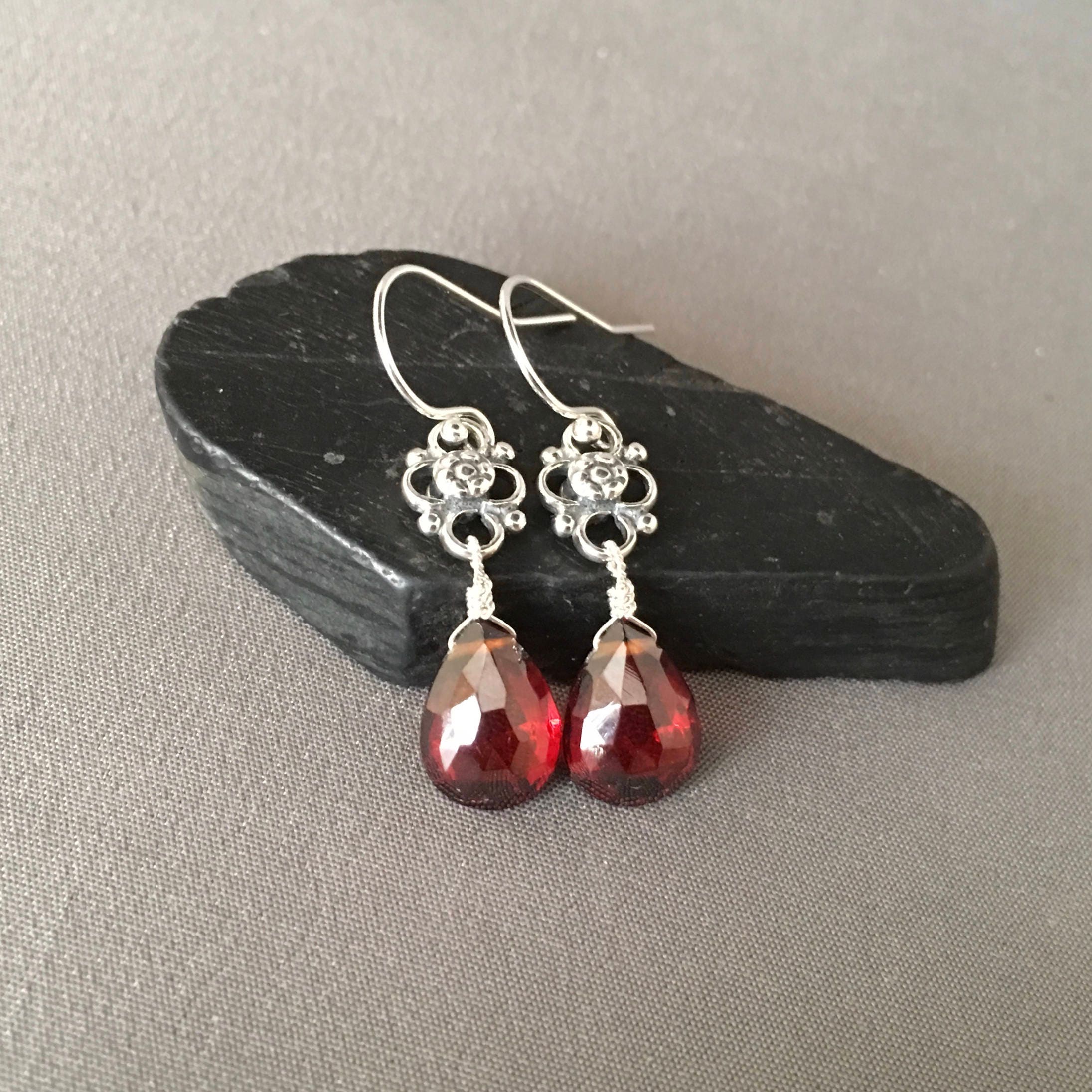 Garnet Teardrop Earrings on Bali Sterling Silver Links