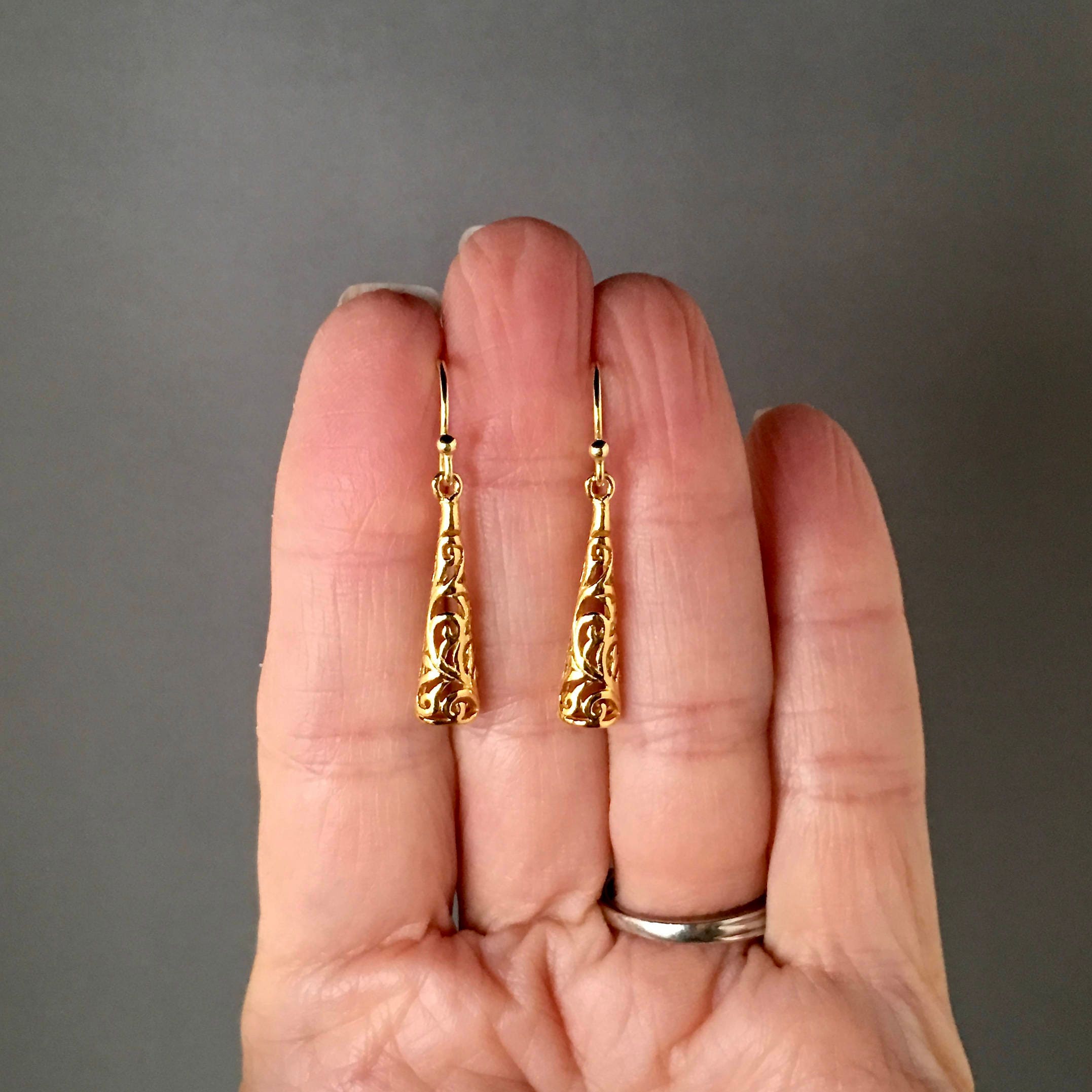 Gold Vermeil Long Filigree Drop Dangle Earrings