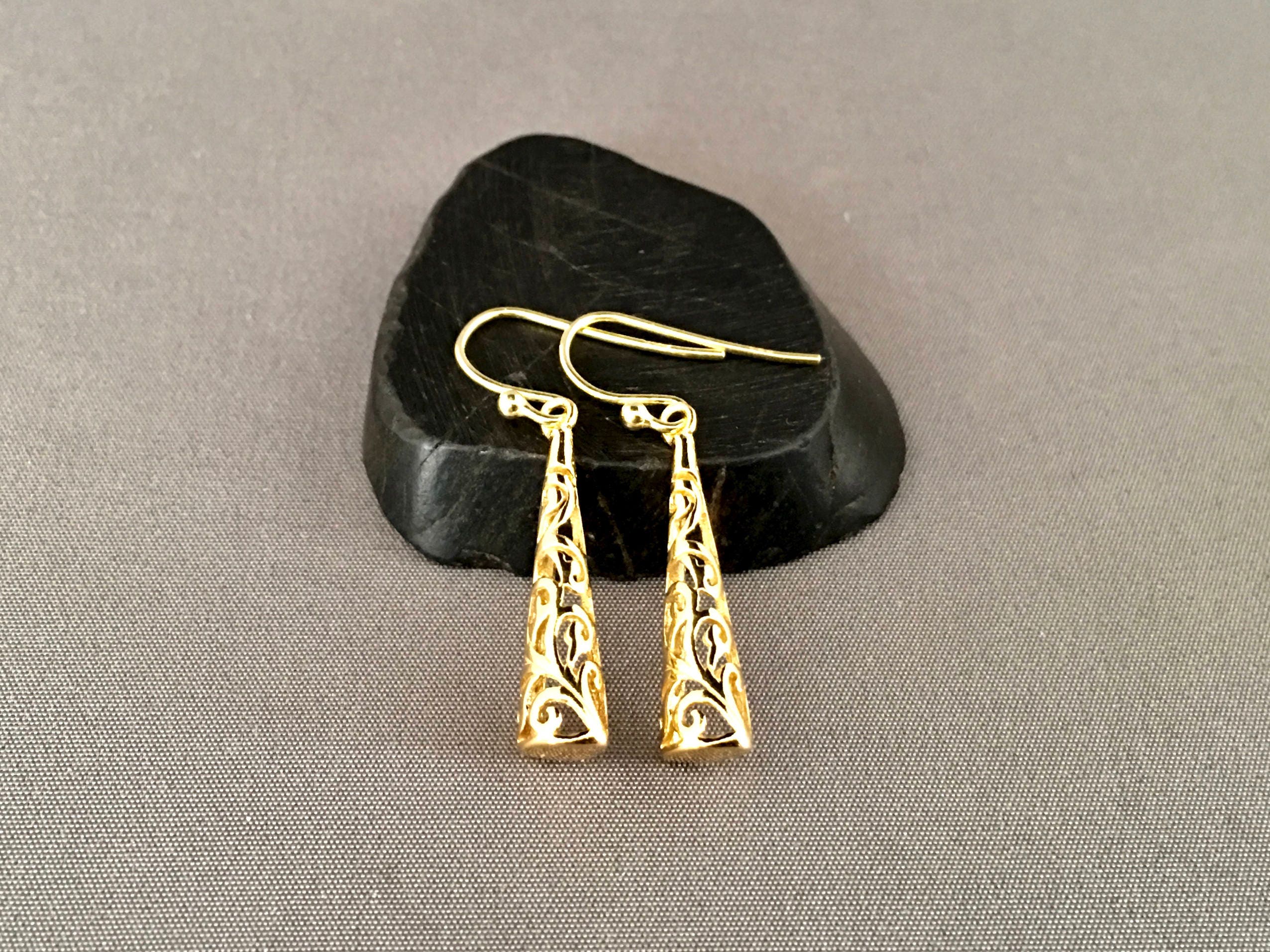 Gold Vermeil Long Filigree Drop Dangle Earrings
