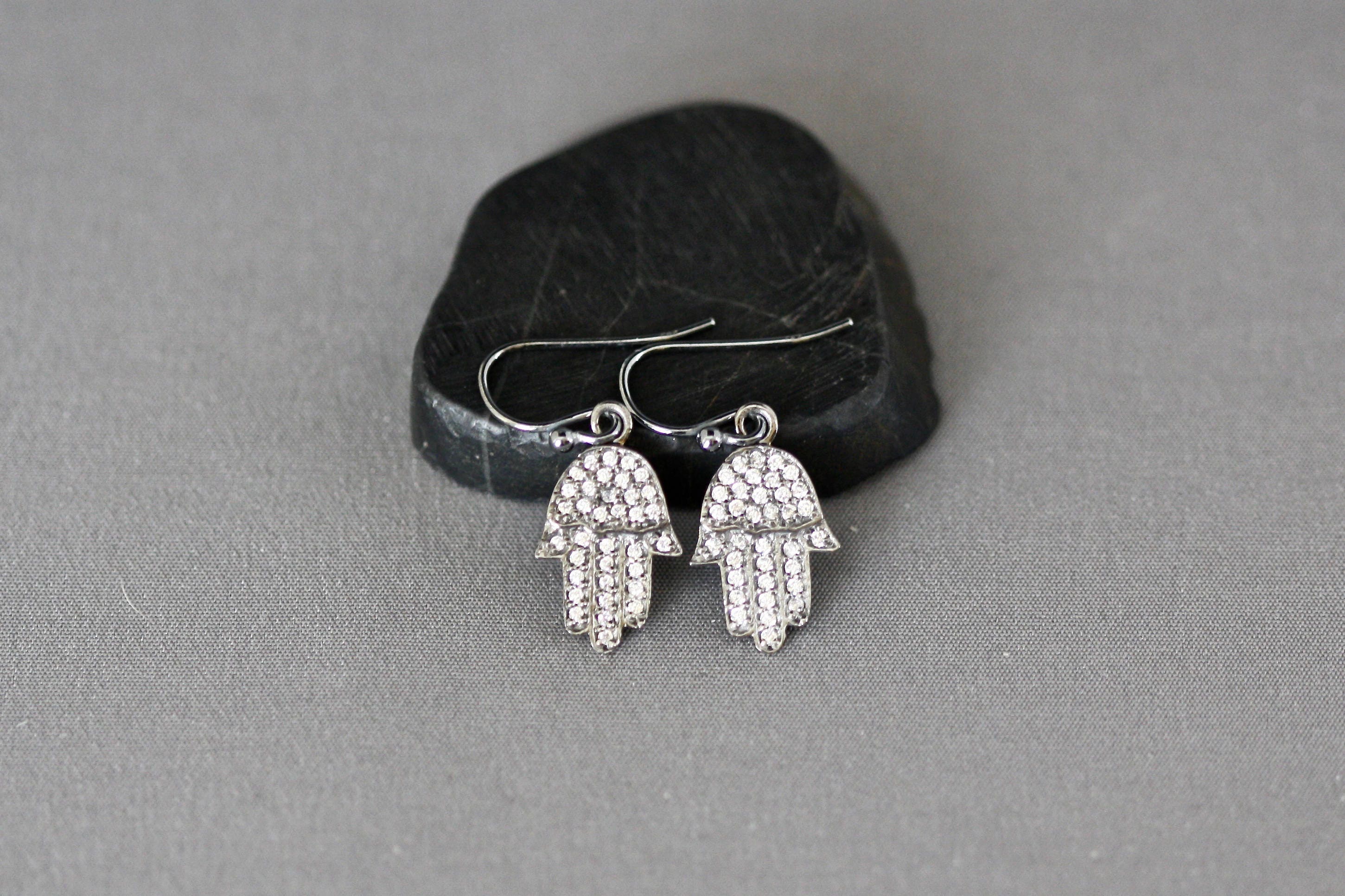 Oxidized Sterling Silver Hamsa Hand Earrings with White Topaz Pave