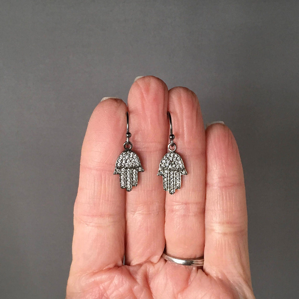 Oxidized Sterling Silver Hamsa Hand Earrings with White Topaz Pave