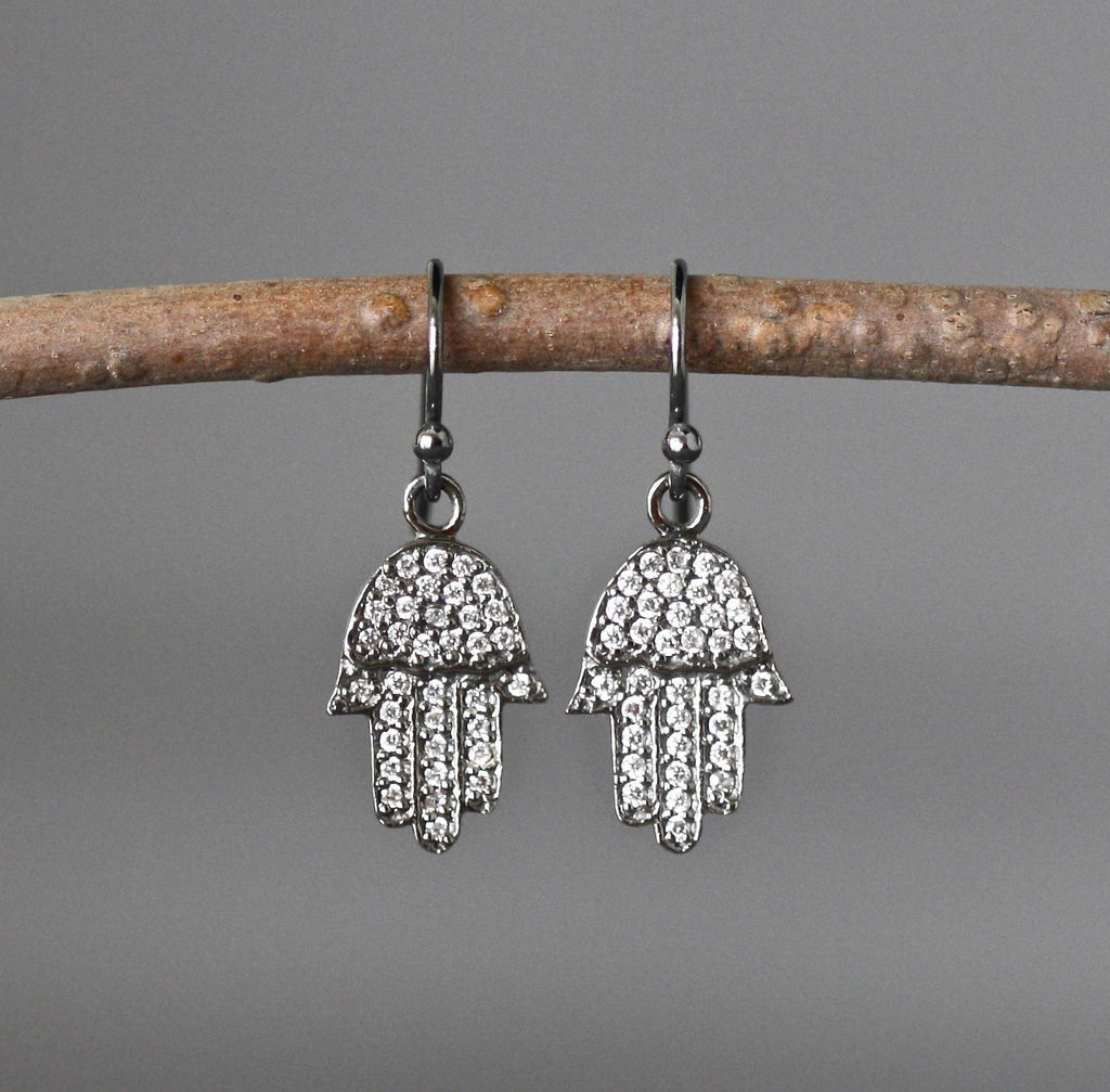Oxidized Sterling Silver Hamsa Hand Earrings with White Topaz Pave