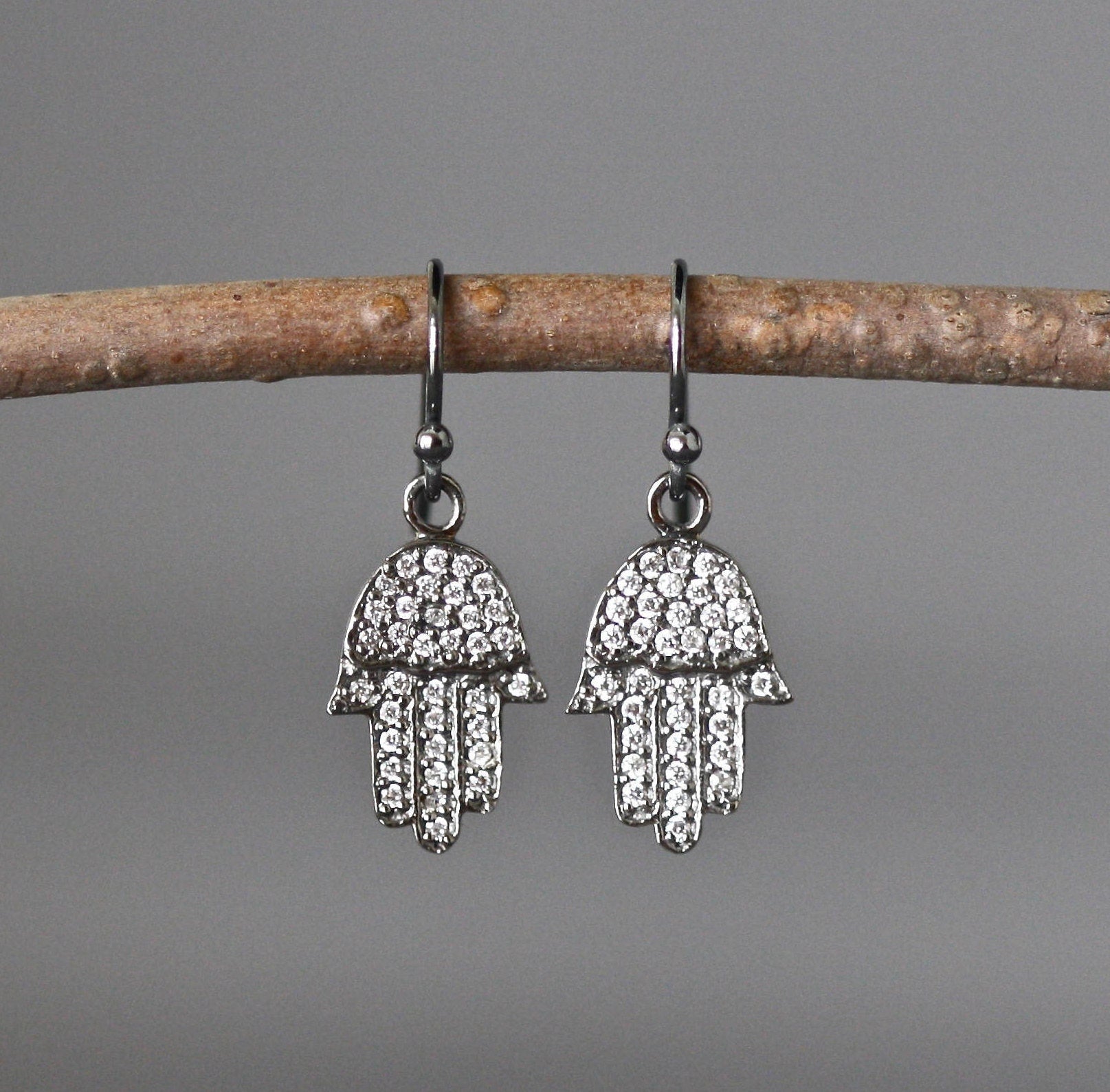 Oxidized Sterling Silver Hamsa Hand Earrings with White Topaz Pave