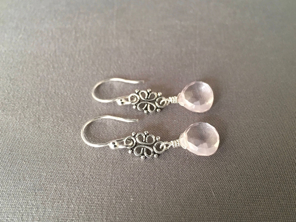 Rose Quartz Teardrop Earrings on Bali Sterling Silver Links