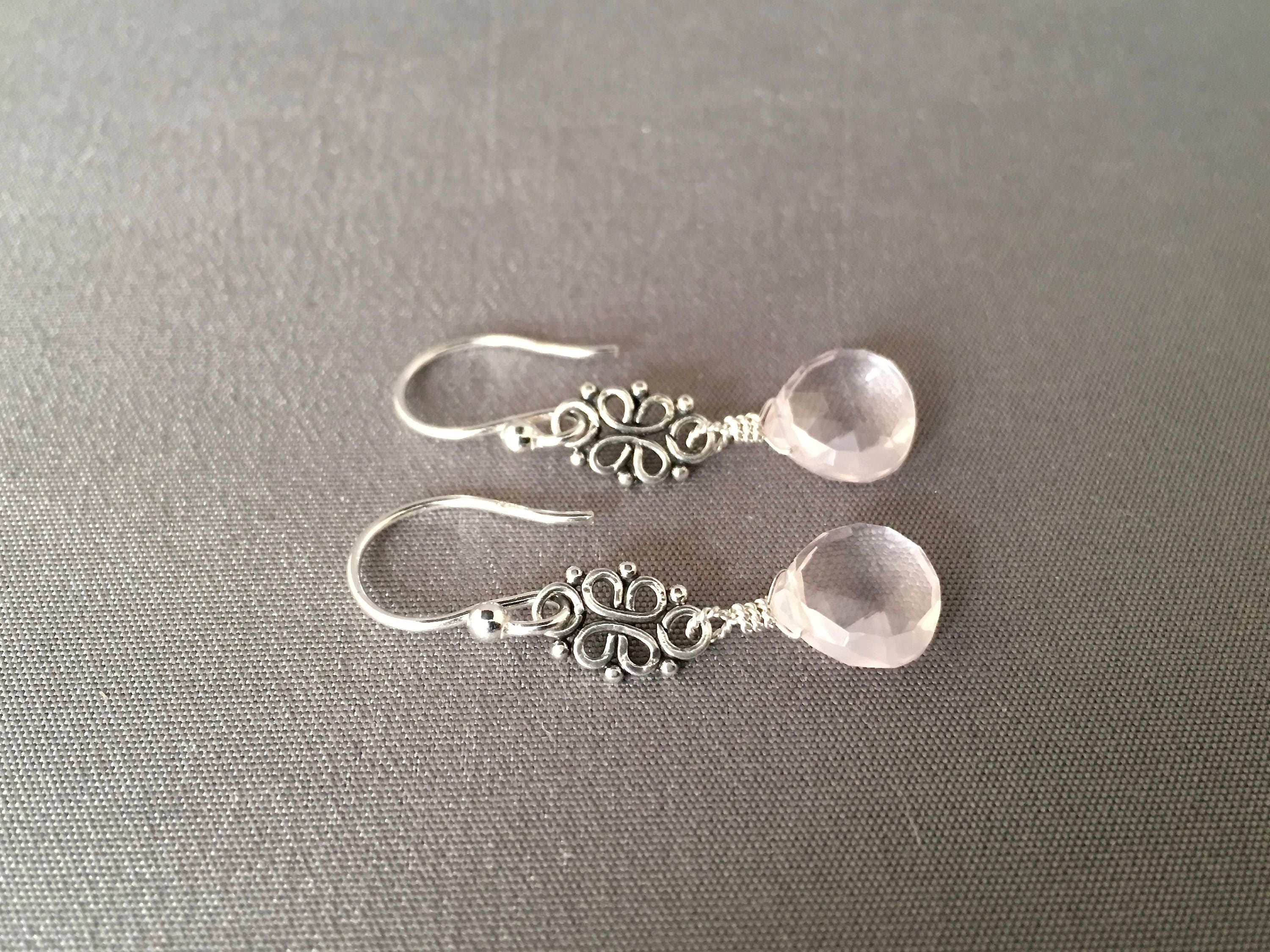Rose Quartz Teardrop Earrings on Bali Sterling Silver Links