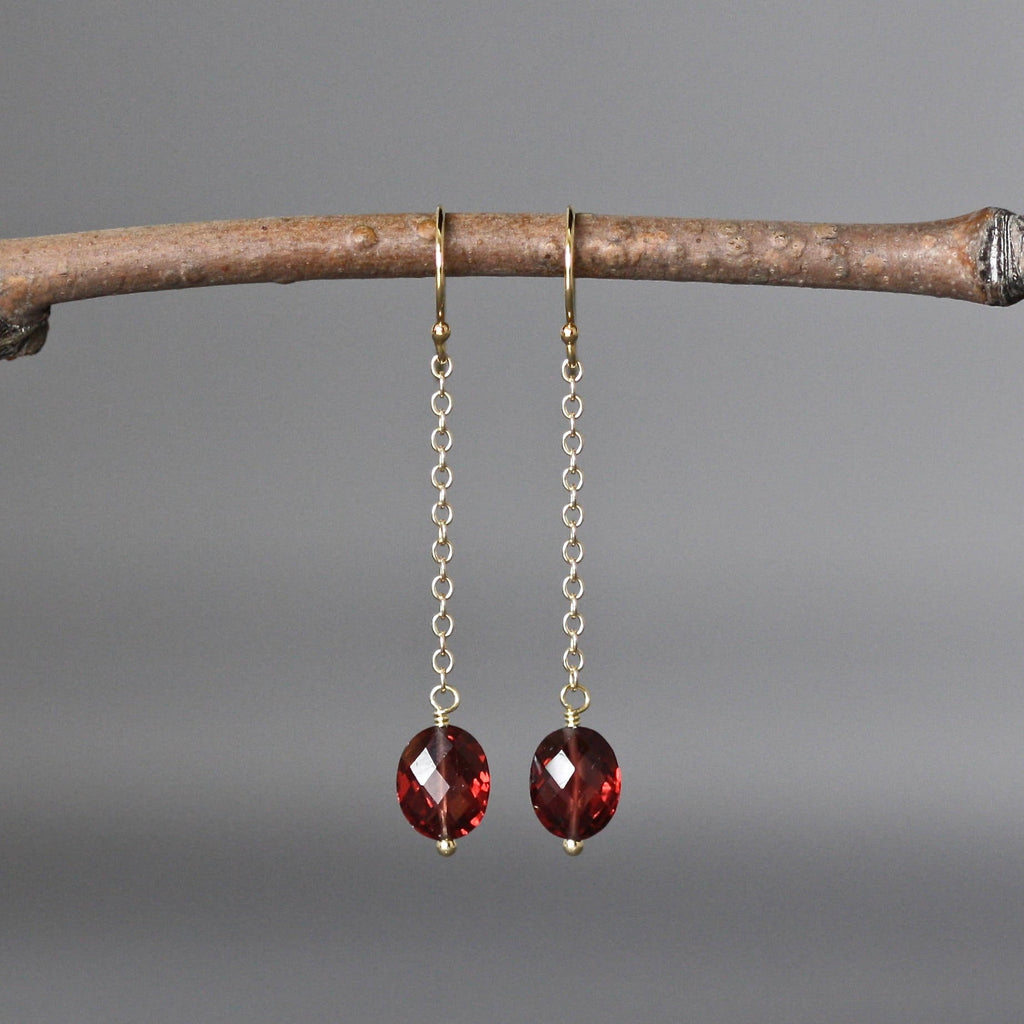 Rhodolite Garnet Oval Earrings on Gold Filled Chain Dangles