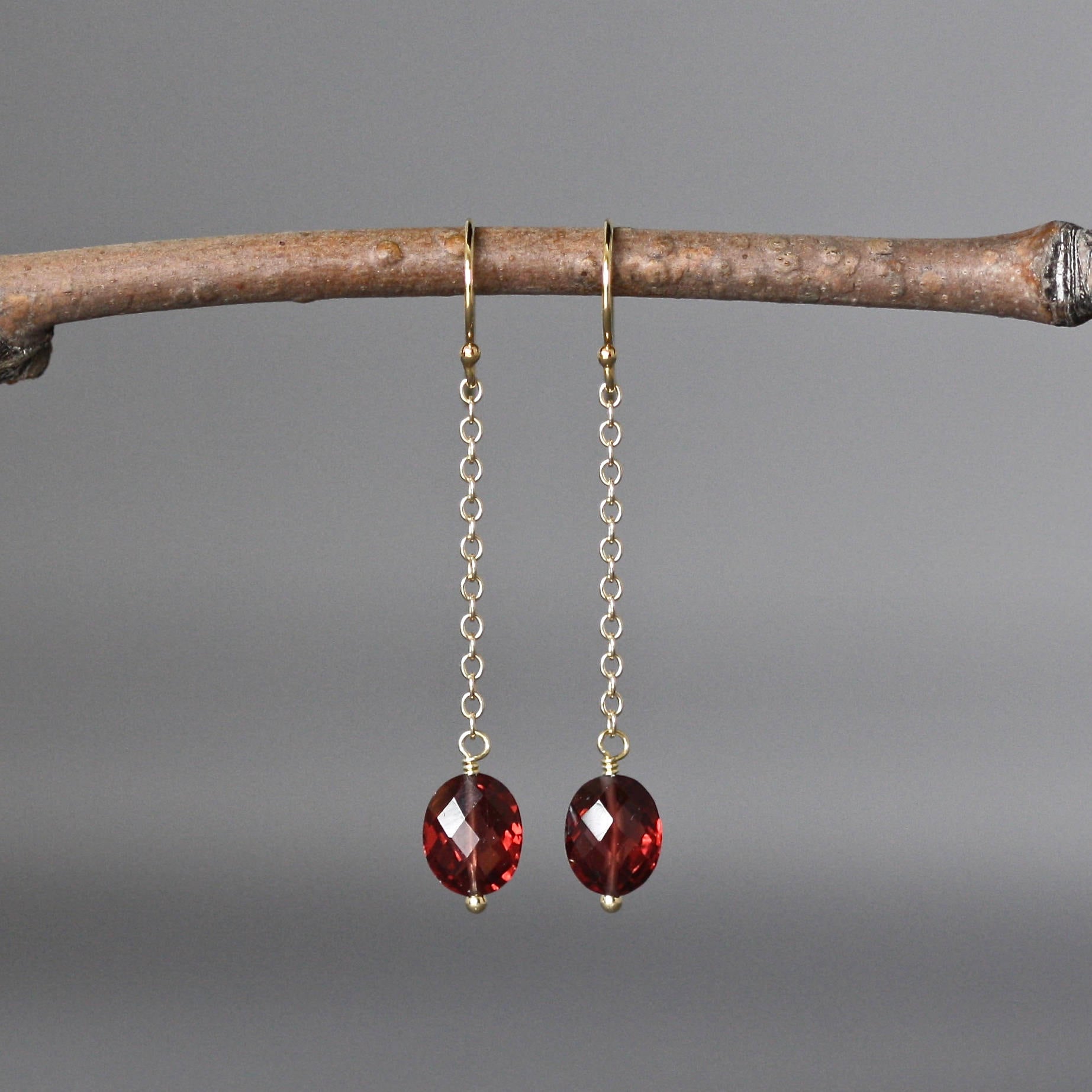 Rhodolite Garnet Oval Earrings on Gold Filled Chain Dangles