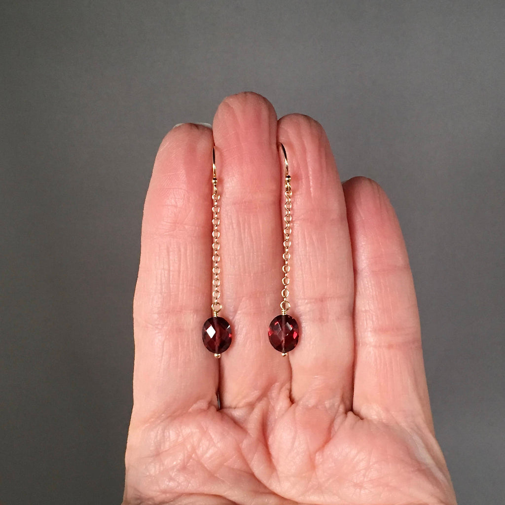Rhodolite Garnet Oval Earrings on Gold Filled Chain Dangles