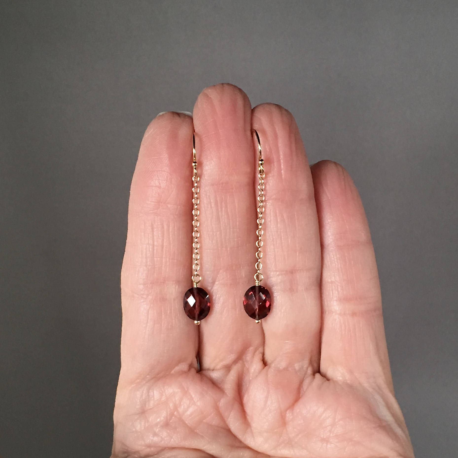 Rhodolite Garnet Oval Earrings on Gold Filled Chain Dangles